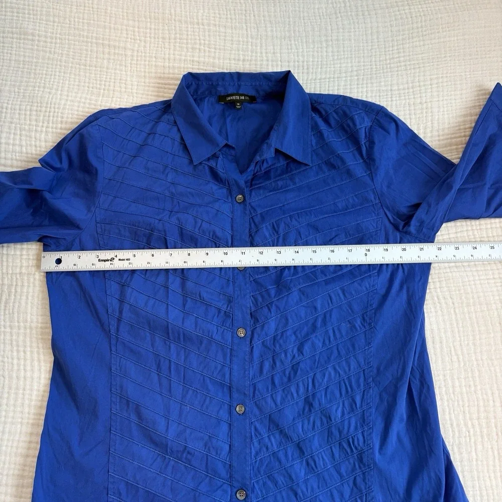 Lafayette 148 New York Shirt Womens 14 Blue Button Front Short Sleeve Career - Picture 8 of 10
